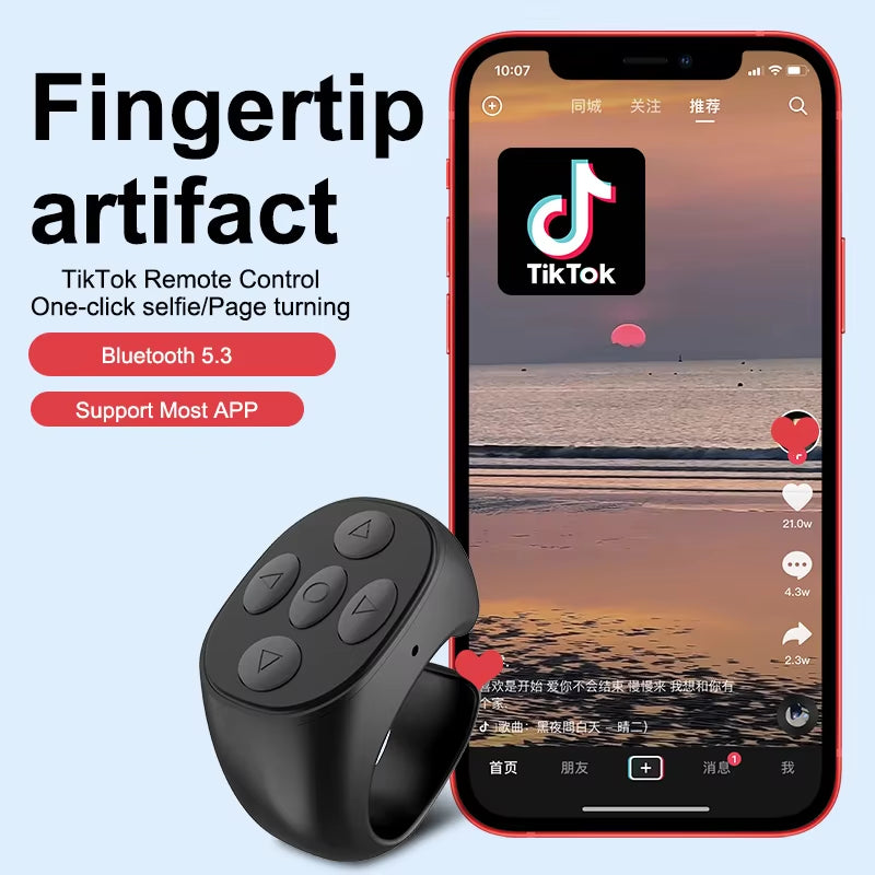 2024 Bluetooth TikTok Remote Control Ring with Fingertip Controller and 4 Buttons, 10M Range for iPhone and Xiaomi